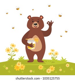 Vector cartoon style bear character eating sweet honey showing a okay hand sign. Ok gesture. Nature background with bees flying around and flowers.