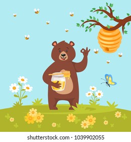 Vector cartoon style bear character eating sweet honey showing a okay hand sign. Ok gesture. Nature background with bee hive, flowers and butterfly.