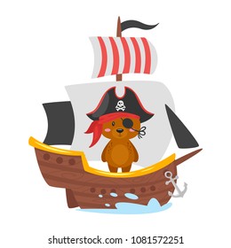 Vector cartoon style bear character in pirate costume on the ship. Isolated on white background.