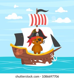 Vector cartoon style bear character in pirate costume on the ship. Sea with clear sky background.
