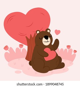 Vector cartoon style bear character different emotions with love. Isolated with love and tree in background.