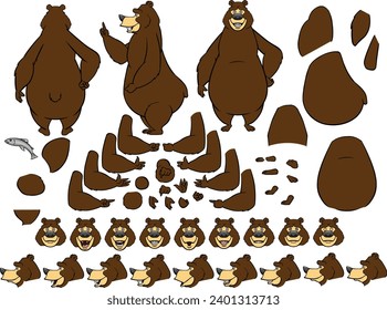 Vector cartoon style bear character for animation. Different emotions, gestures and poses. Isolated vector illustration.