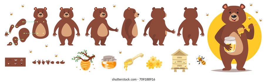 Vector cartoon style bear character for animation. Different emotions and beekeeping symbols. Isolated on white background.