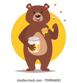 Vector cartoon style bear character eating sweet honey. Isolated on white background.