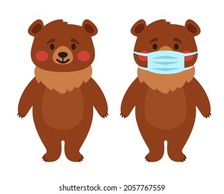 Vector cartoon style bear wearing face mask against covid-19. Icon for web. Isolated on white background.