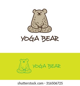 Vector cartoon style bear in yoga pose logo. Cute logotype