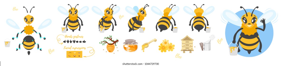 Vector cartoon style bee cute character for animation. Different emotions, hands gestures and beekeeping symbols. Isolated on white background.