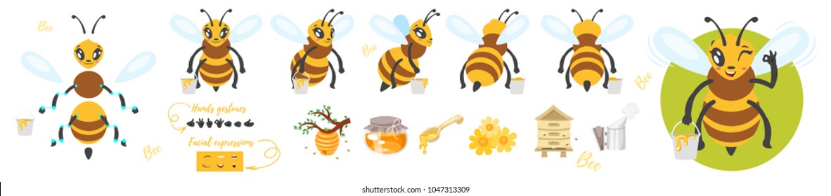 Vector cartoon style bee cute character for animation. Different emotions and beekeeping symbols. Isolated on white background.