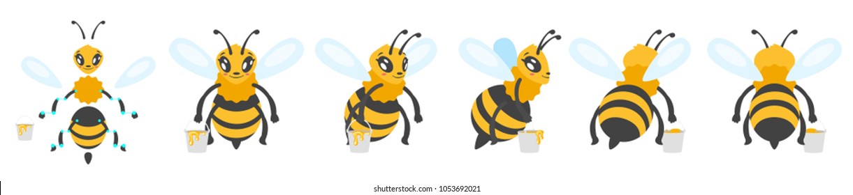 Vector cartoon style bee cute character for animation. Isolated on blue sky background.