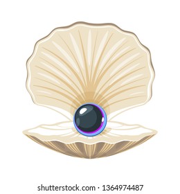 Vector cartoon style beige color seashell with beautiful pearl inside isolated on white background.