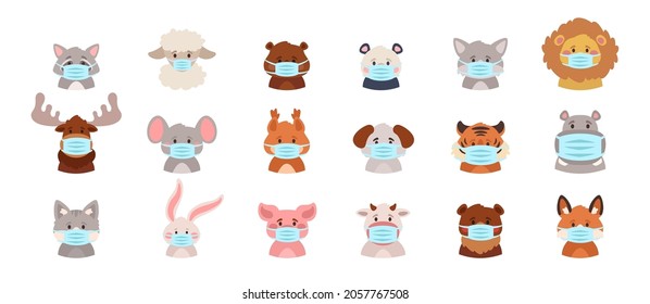 Vector Cartoon Style Big Set Of Animals Avatars Wearing A Face Mask: Bear, Cow, Panda, Fox, Elephant. Icon For Web. Isolated On White Background.