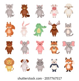 Vector cartoon style big set of animals: bear, cow, panda, fox, elephant. Icon for web. Isolated on white background.