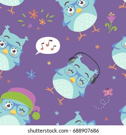 vector cartoon style blue owl seamless pattern