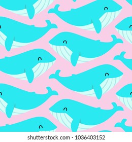 vector cartoon style  blue whale punchy pastels pink seamless pattern