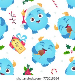 vector cartoon style blue yeti illustration white seamless pattern

