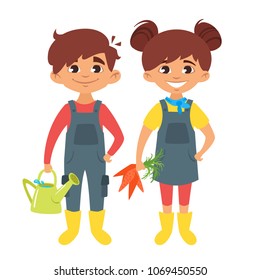 Vector cartoon style boy and girl characters in farm costumes. 