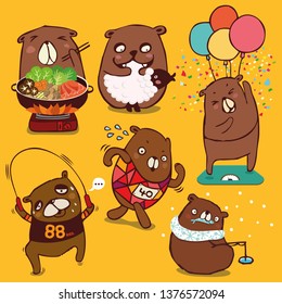 Vector cartoon style, brown bear character, Different cute emotions and activities to diet Isolated on color background.
