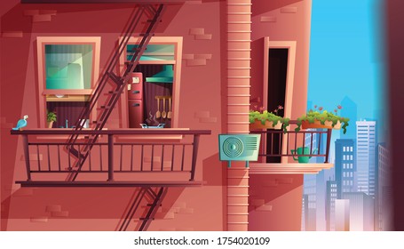 Estilo de dibujos animados vectores de la fachada de la construcción en vista lateral con balcones y rascacielos en el fondo. Edificio de varios pisos con ventanas y puertas, techos de casa. Con cocina interior.