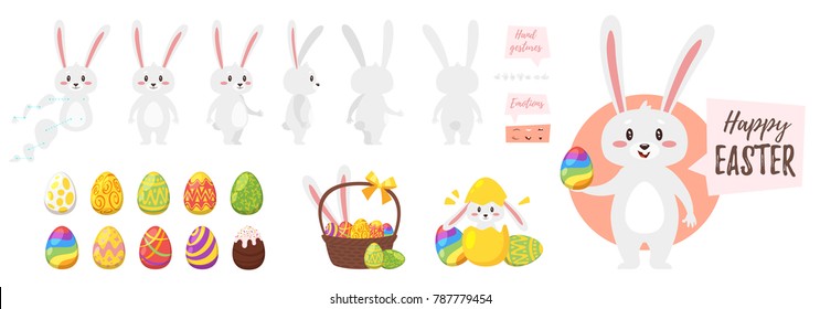 Vector cartoon style  bunny character for animation. Different emotions and Easter symbols - colorful eggs and festive basket. Isolated on white background. 