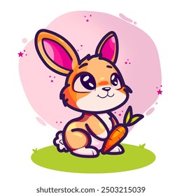 Vector cartoon style bunny. A cute rabbit on a pink background. Children's book illustration. 
