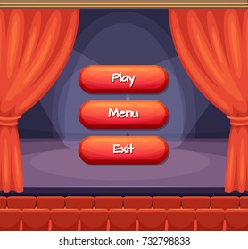 Vector cartoon style buttons with text for game design on theater scene with curtains background. Interface game menu illustration