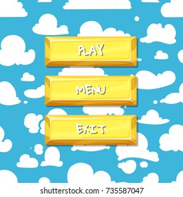 Vector cartoon style buttons with text for game design on clouds in the sky background illustration