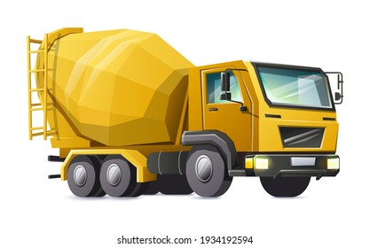 Vector cartoon style car concrete mixer, in yellow color. Isolated on white background.