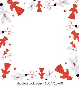 Vector cartoon style card template, frame, border with martisor talismans, traditional accessory for holiday of early spring in Romania and Moldova.