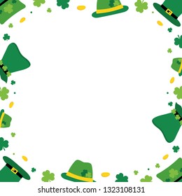 Vector cartoon style card template, frame, border or background for St. Patrick's Day holiday with leprechaun hats, coins, shamrock.