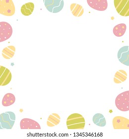 Vector cartoon style card template, frame, border or background for Easter holiday design with cute decorated pastel colors easter eggs.