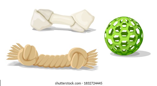 Vector cartoon style cat or dog toys, plastic ball, rope and bone. Isolated on white background.