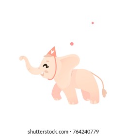 vector cartoon style character, cheerful pink elephant kid having fun running wearing party hat happily smiling. isolated illustration on a white background. Animals party concept