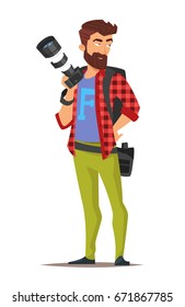 Vector cartoon style character of photographer. Isolated on white background.