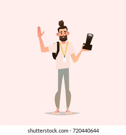 Vector cartoon style character of photographer.Young man professional photographer with big lens camera. Isolated on white background.