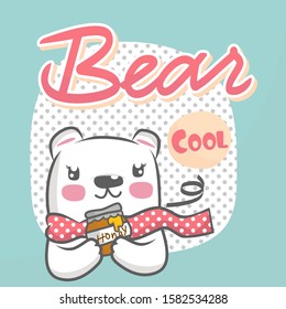 Vector cartoon style character,bear and eating sweet honey, Paw in sticky nectar.