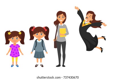 Vector cartoon style characters: kindergarten, school girl, student, graduate woman, isolated on white background