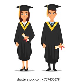 Vector cartoon style characters: man and woman graduates isolated on white background