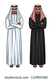 Vector cartoon style characters of two arabian men standing with arms crossed on the chest. Illustration of young arabic businessmen wearing traditional clothes black and white colors. 