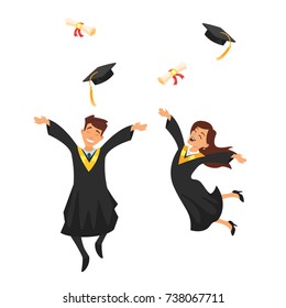 Vector cartoon style characters young graduates man and woman jump from happiness, isolated on white background