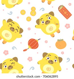 vector cartoon style chinese new year of dog 2018 white seamless  pattern