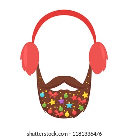 Vector cartoon style Christmas ball decorated beard face element or carnival mask. New year and Christmas decoration item for your selfie photo and video chat filter. Isolated on white background. 