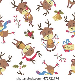 vector cartoon style christmas deer seamless pattern