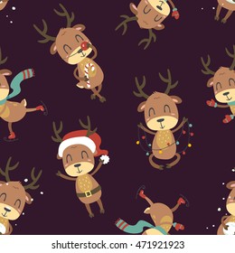 vector cartoon style christmas deer seamless pattern