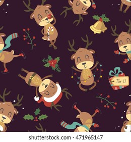 vector cartoon style christmas deer seamless pattern
