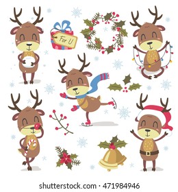 vector cartoon style christmas deer set