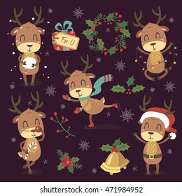 vector cartoon style christmas deer set