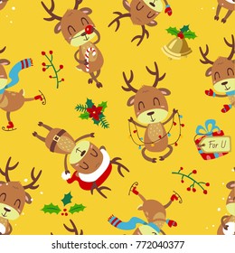 vector cartoon style christmas deer yellow seamless pattern
