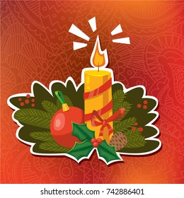 Vector cartoon style Christmas flaming candle with holly berry and branches illustration sticker badge patch design on elegant warm red gradient lace pattern background. Greeting card design element