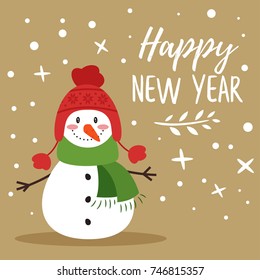 Vector cartoon style Christmas and New Year greeting card with cute smiling snowman.