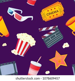 vector cartoon style cinema movie seamless pattern on a violet background